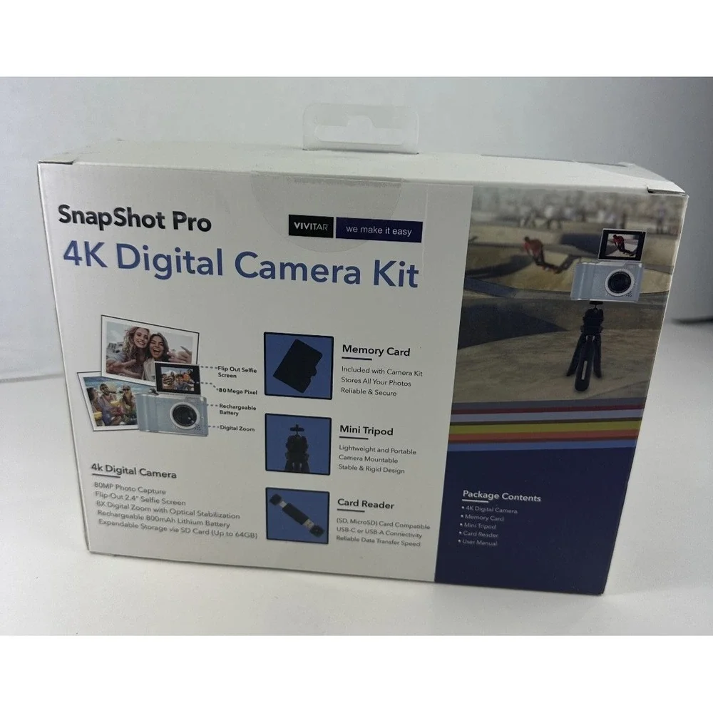 New! Blue Vivitar Snapshot Pro 4K Digital Camera Kit Video W/ Flip Out Screen